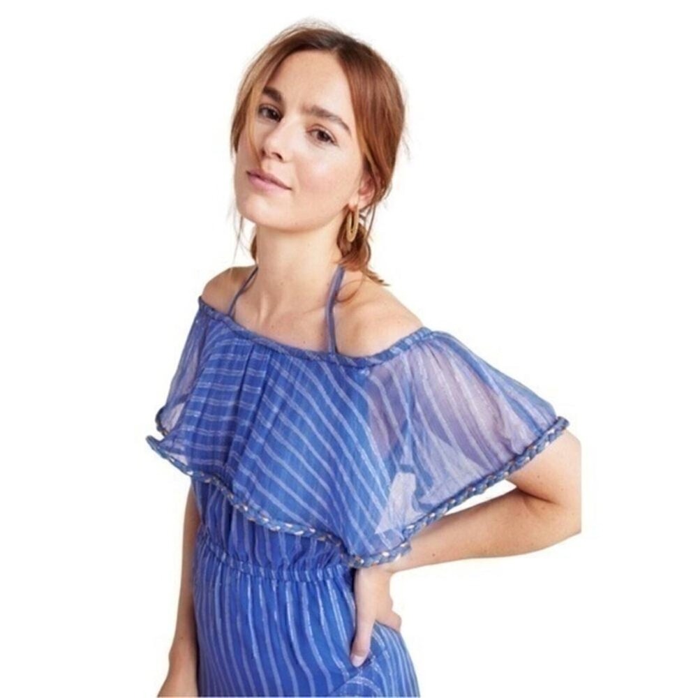 Misa Los Angeles Dress Blue Gold Medium Ambrosia Ruffle Hem Boho Festival NEW - Picture 13 of 16